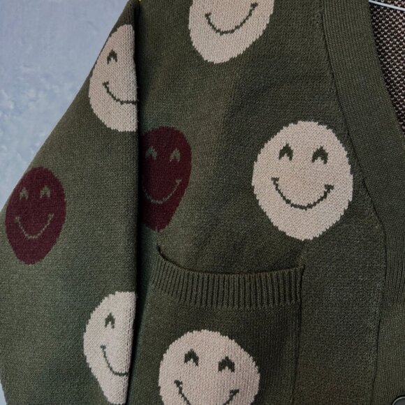 Forever 21 Women's Loose Fit Cardigan Size S Smiley Face Green Tan Jacquard Knit - Picture 4 of 8